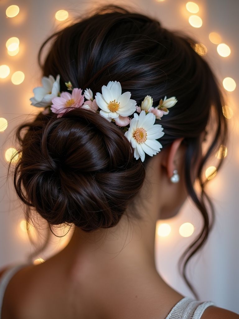 messy bun with flowers